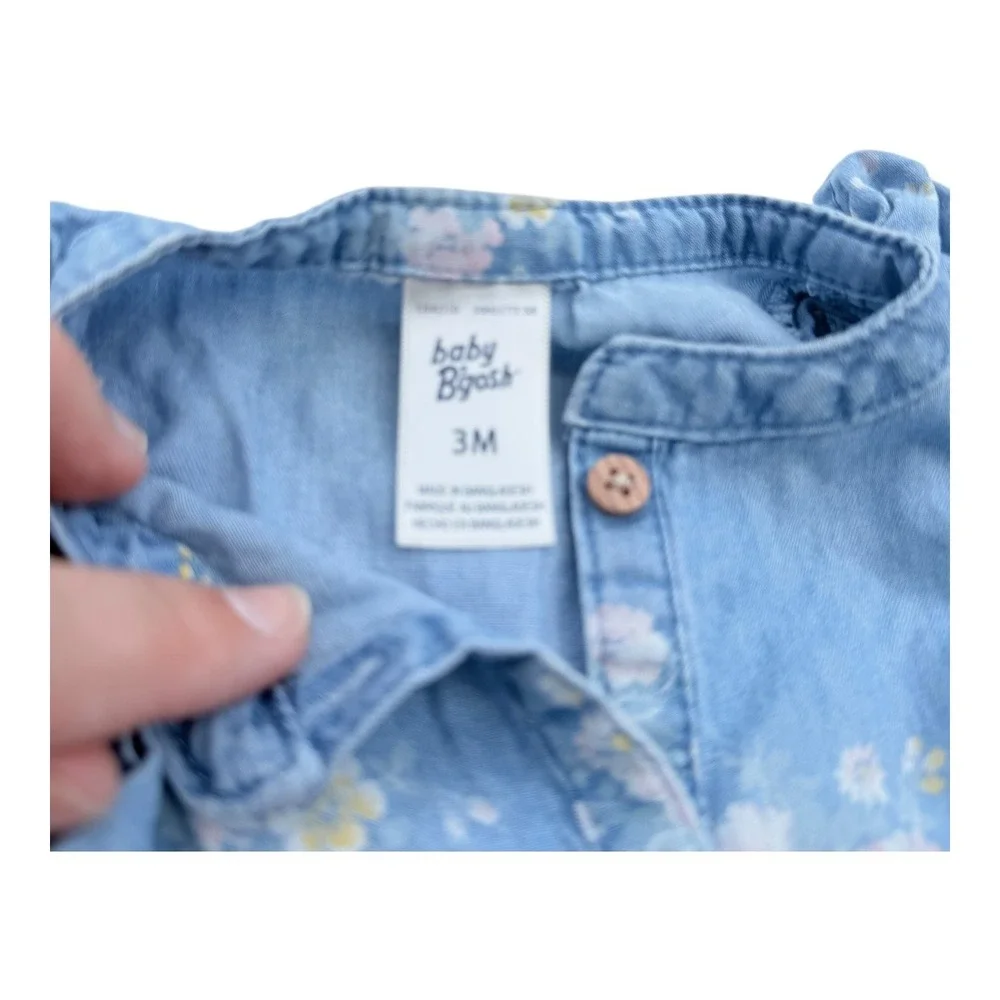 Baby Bgosh Floral Bubble Romper 3M Baby Girl Blue Cotton Chambray Boho Excellent